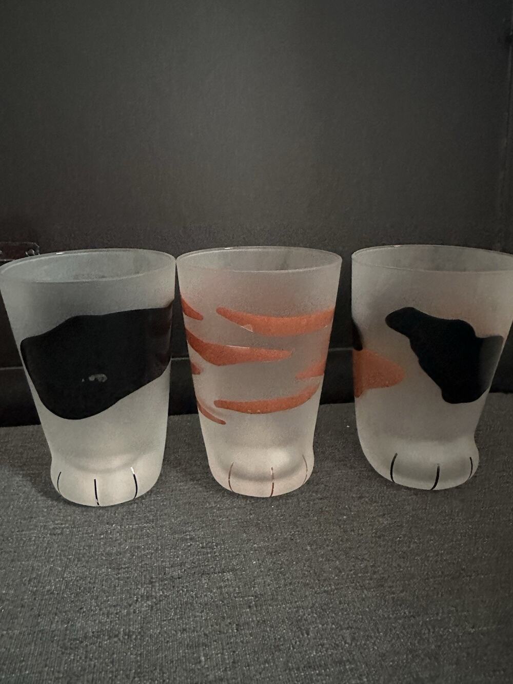 Set of 3 Cat Paw Frosted Drinking Glasses Tuxedo Tabby Calico 300ml Cute